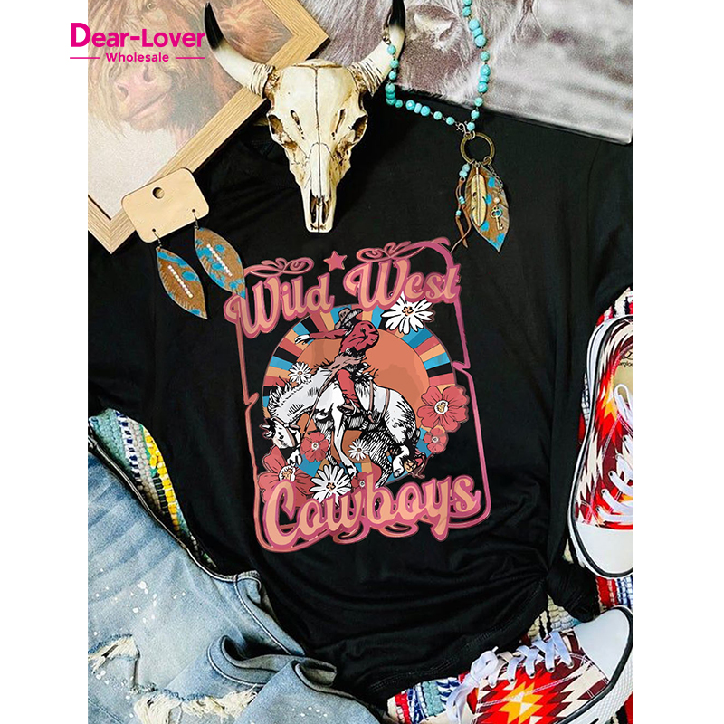Dear-lover Wholesale Black Wild West Cowboys Floral Horse Graphic Tops Women Western Clothing 